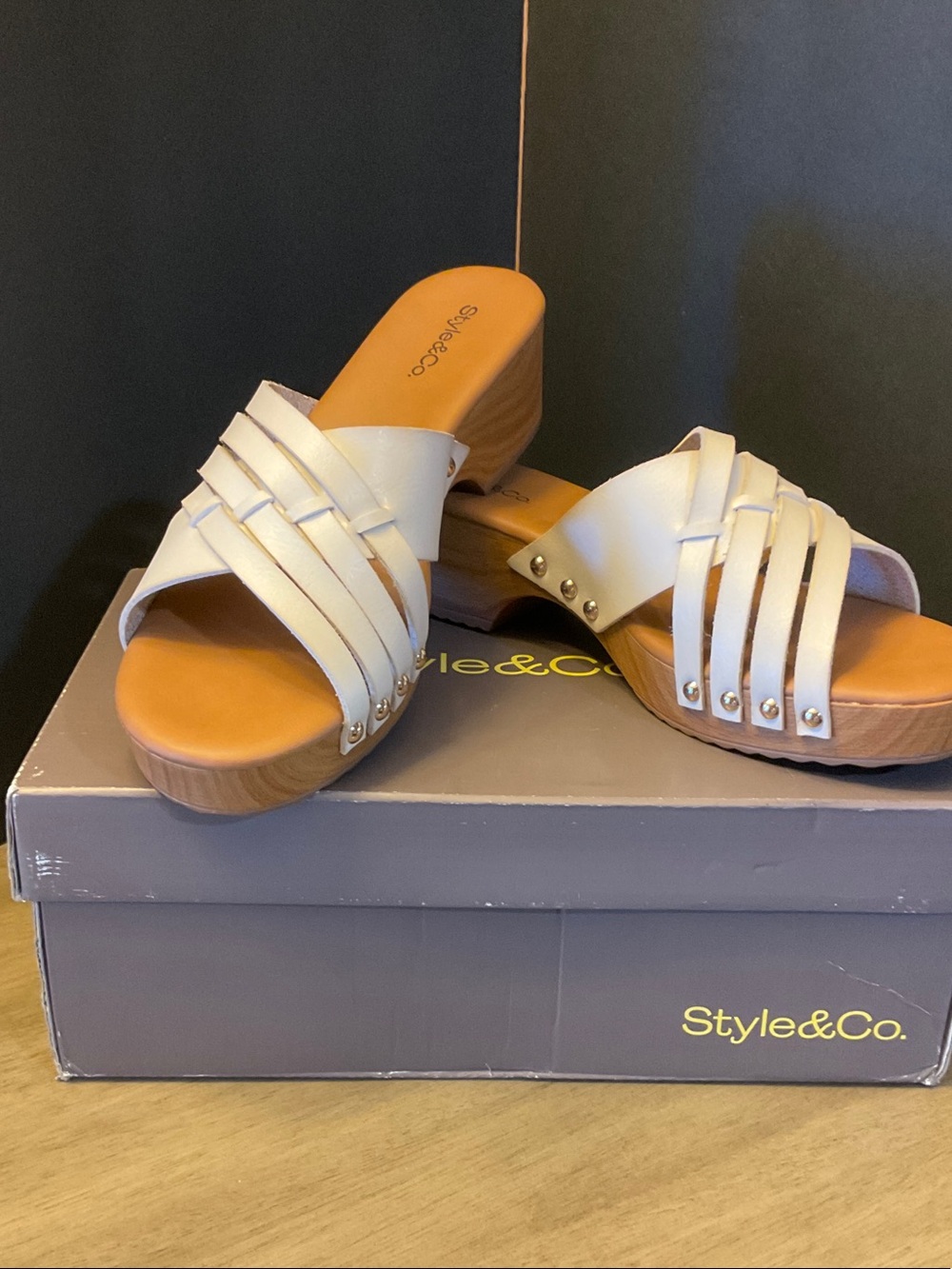 Style & Co. White Strappy Slide Clogs with Wood-Look Wedge